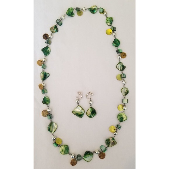 Iridescent Green & Yellow with Silver 28" Necklace and Clip-on Earrings Set - Picture 1 of 4